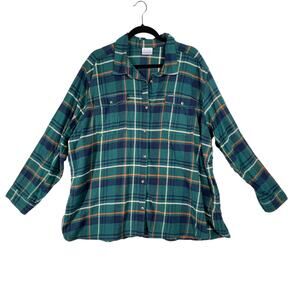 Columbia Womens Button Front Top Plus Size 3X Green Plaid Flannel Roll Tab